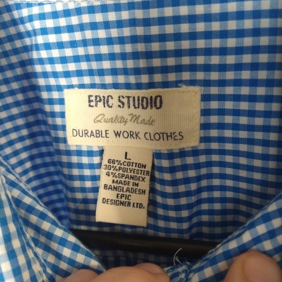 $Epic studio men's button up blue white gingham print short sleeve shirt. Size L - Picture 7 of 8